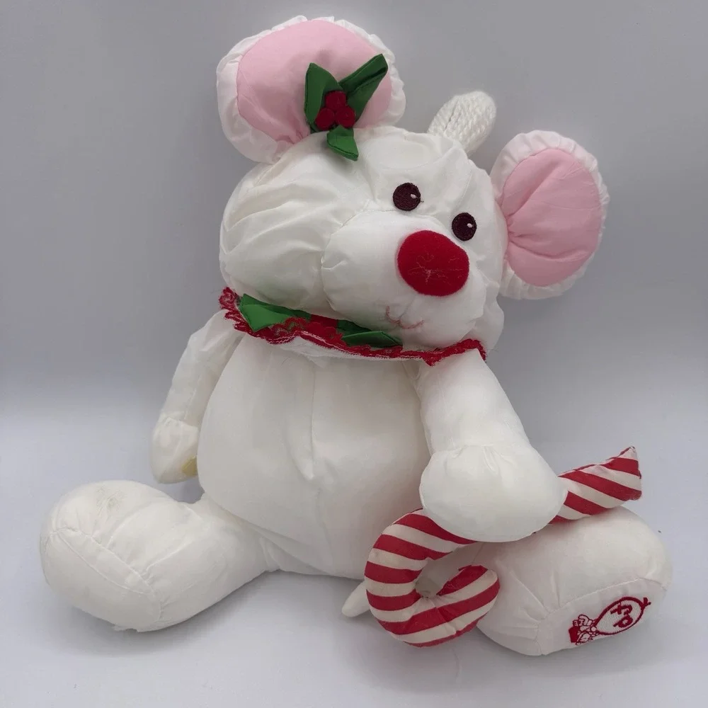 Fisher Price 80s Puffalump Christmas White Mouse w Candy Cane Plush Stuffed Toy